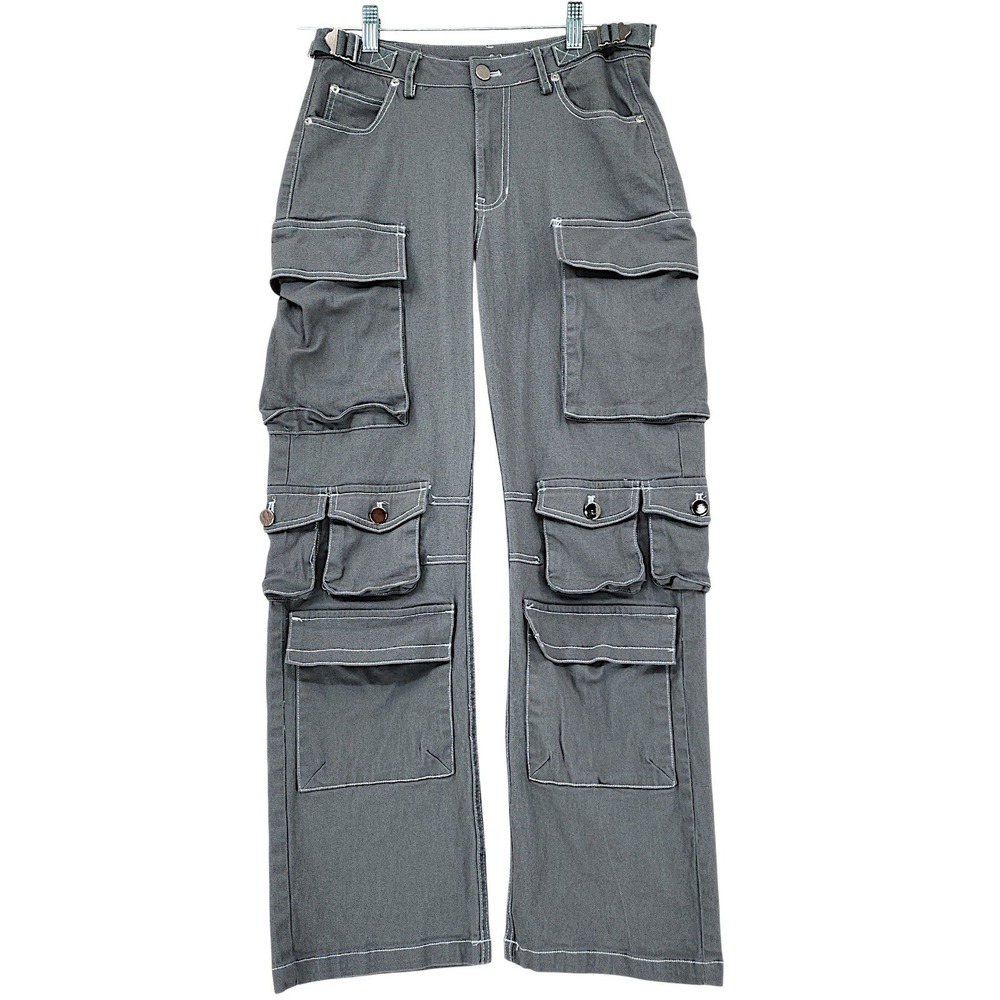 Utility Cargo Pants S Women Multi Pocket Gray Y2K Streetwear Grunge Honey Peach